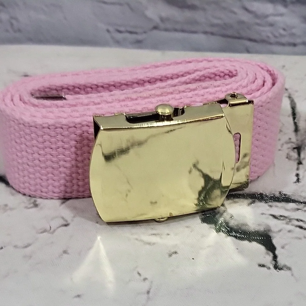 Pink Woven Adjustable Web Belt Gold-Tone Slider Belt Fits Upto 34